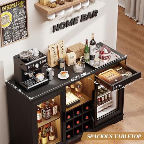 Coffee Bar Cabinet with Fridge, LED Lights & Wine Rack, Black